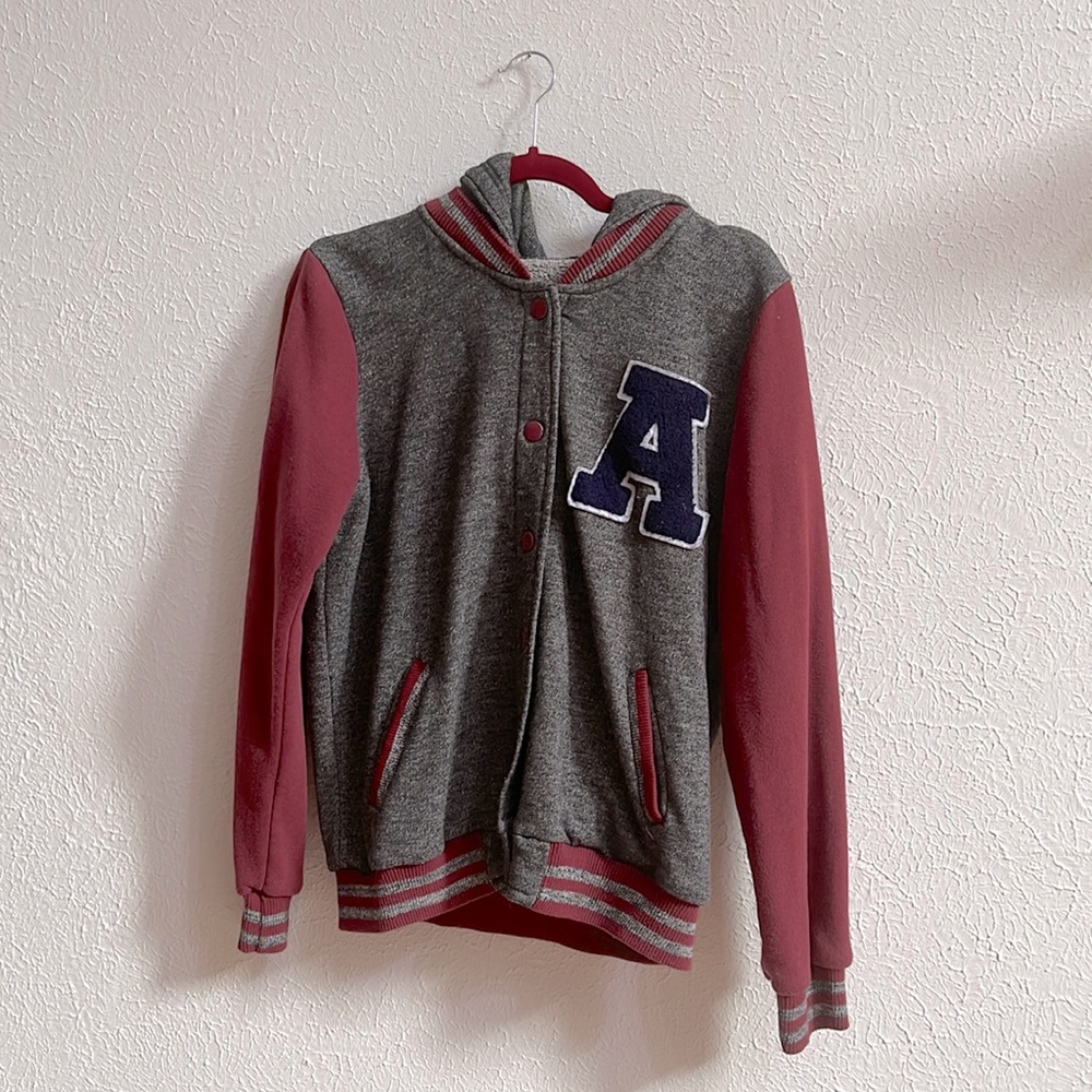 Reflex size 2X academic style lettermen burgundy gray hooded jacket